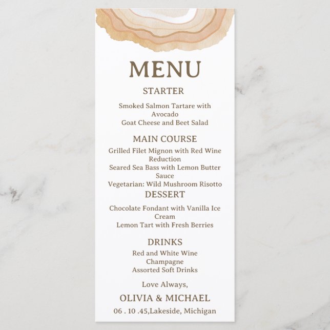 Earthy Abstract Watercolor Agate Wedding Menu Card (Frente)
