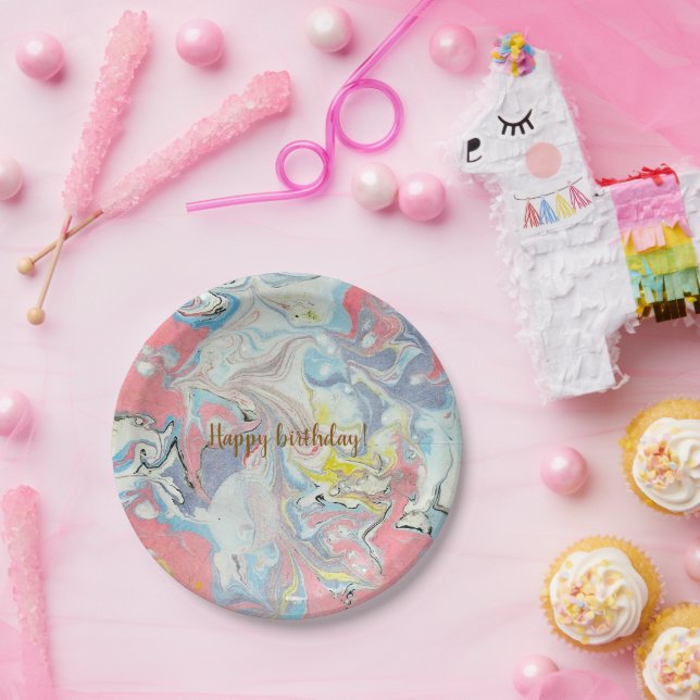 Ebru Pastel Abstrato — Pratos de Papel Caprichosos (Festa)