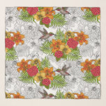 Echarpe Aves e buquês tropicais<br><div class="desc">Ilustração vetorial desenhada à mão com várias flores e beija-flor</div>