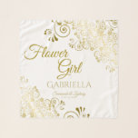 Echarpe Bonito Ornamentado Curls Flower Girl Favor de Casa<br><div class="desc">Este lindo cachecol de chiffon foi desenhado como presente de casamento ou favor para as Meninas Flores. Projetado para coordenar com nossa Suíte de Casamento Elegante de Folha de Ouro, ele apresenta uma borda de arquivo de folha de alumínio dourada com o texto "Garota Flor", bem como um lugar para...</div>