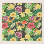 Echarpe Frutas tropicais, flores e folhas a preto<br><div class="desc">Mídia de mistura pintada à mão com várias frutas,  flores e folhas tropicais</div>