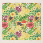 Echarpe Frutas tropicais, flores e folhas em amarelo<br><div class="desc">Mídia de mistura pintada à mão com várias frutas,  flores e folhas tropicais</div>