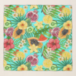 Echarpe Frutas tropicais, flores e folhas em azul<br><div class="desc">Mídia de mistura pintada à mão com várias frutas,  flores e folhas tropicais</div>
