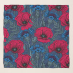 Echarpe Papoilas vermelhas e flores azuis em azul<br><div class="desc">Padrão vetorial desenhado à mão com flores vermelhas da papoila e flores azuis</div>