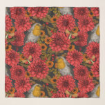 Echarpe Robins no jardim do outono, dahlias vermelhas em p<br><div class="desc">Padrão sem costura,  desenhado à mão,  com pássaros-pães,  mariposas,  flores da dália,  calendários e vários bagos e folhas</div>