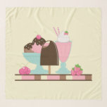 Echarpe Sorvete doce Sundae & Strawberry Float<br><div class="desc">Um cachecol quadrado com um tema de sorvete doce. Ilustrado com um bar de sorvete de chocolate,  um sundae de 3 colheres com uma cereja no topo,  e um float de morango com golpes de creme chicoteados no topo. Pequenos morangos e cerejas. Cor de fundo amarela.</div>