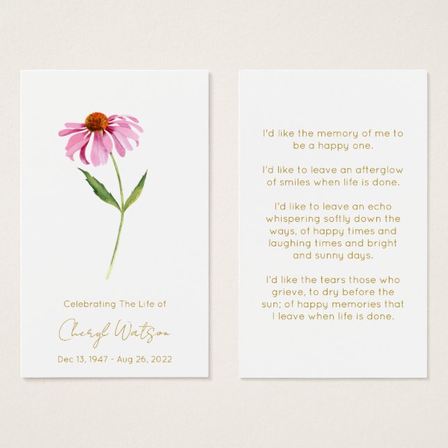 Echinacea | Cartão de Oração de Memorial de Funera (Frente & Verso)
