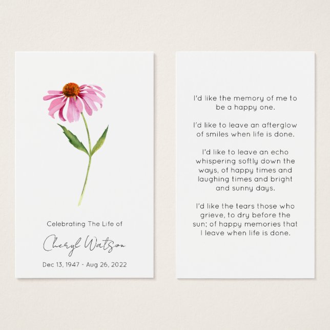 Echinacea | Cartão de Oração de Memorial de Funera (Frente & Verso)