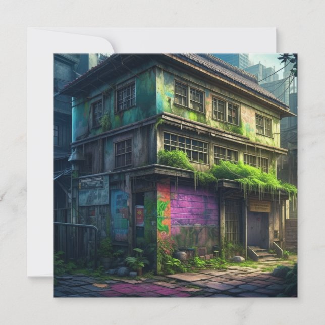 Edifício Abandonado com Grafite Roxo Decadência Ur (Frente)