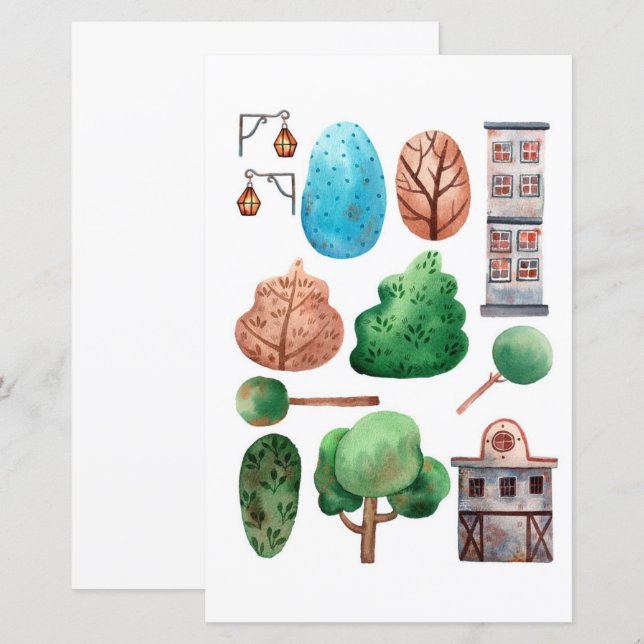 Edifícios aquarela árvores para recortar e colar (Frente/Verso)