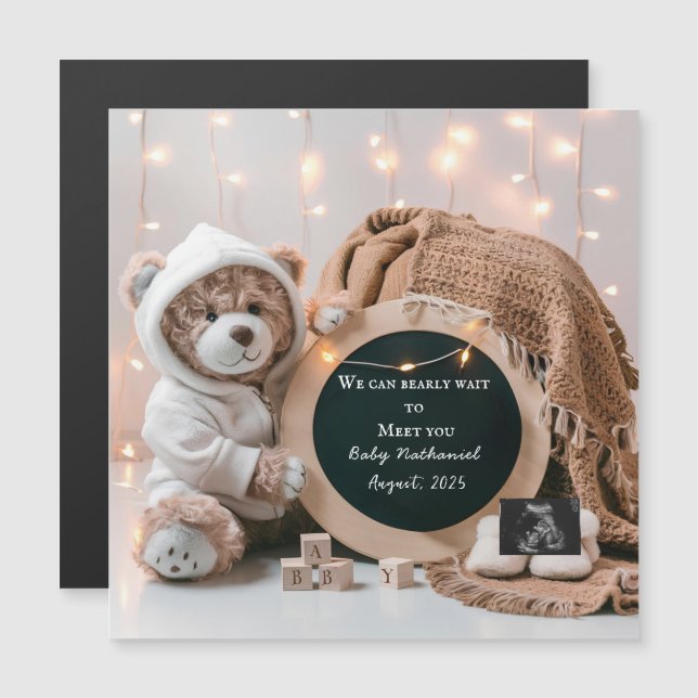 Editable neutral pregnancy announcement card (Frente/Verso)