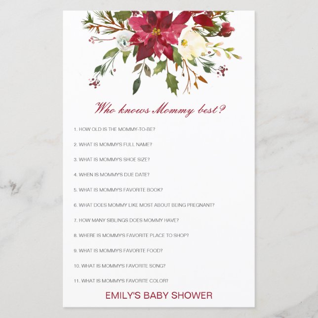 Editable Who Knows Mommy Best Baby Shower Game (Frente)