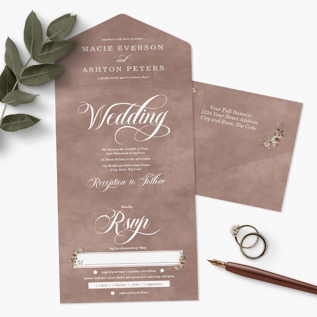 Eethal Elegance Rosewood Boho Watercolor Casamento (Ethereal Elegance all-in-one invitations available in 6 colorways, each echoing your unique style.)