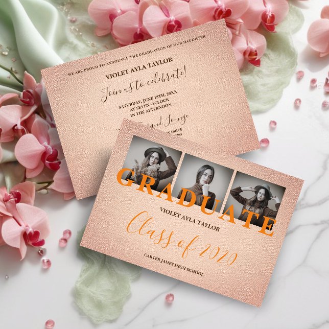 Efeito de Tecido Coral Rústico 3 Fotos Multi Grad (Rustic Coral Fabric Effect 3 Multi Photos Graduation Invitation Card. )
