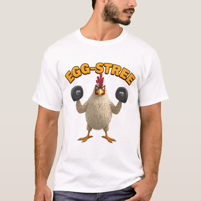Egg-Streme” Funny Gym Chicken T-shirt Cute Fitness (Frente)