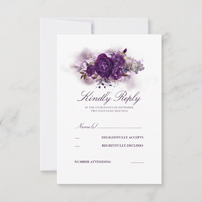 EggPlant Purple Floral Watercolor Casamento RSVP (Frente)