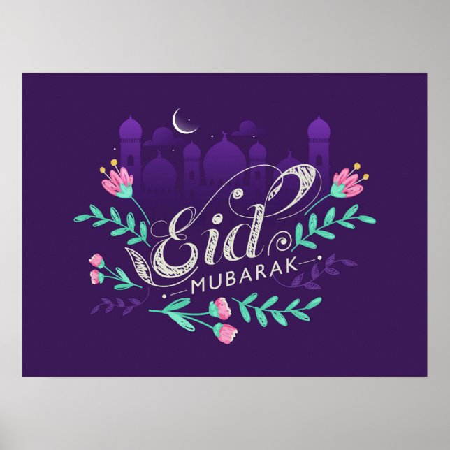 Eid mubarak com flores mesquitas e Poster lua (Frente)