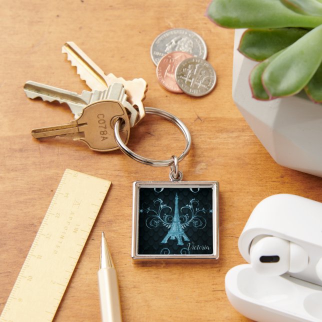 Eiffel Tower Blue Floral Swirls Square Chaveiro (Mesa)