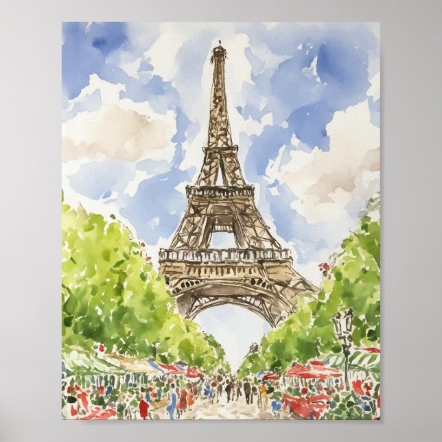 Eiffel Tower Paris Watercolor Art Impressão (Frente)