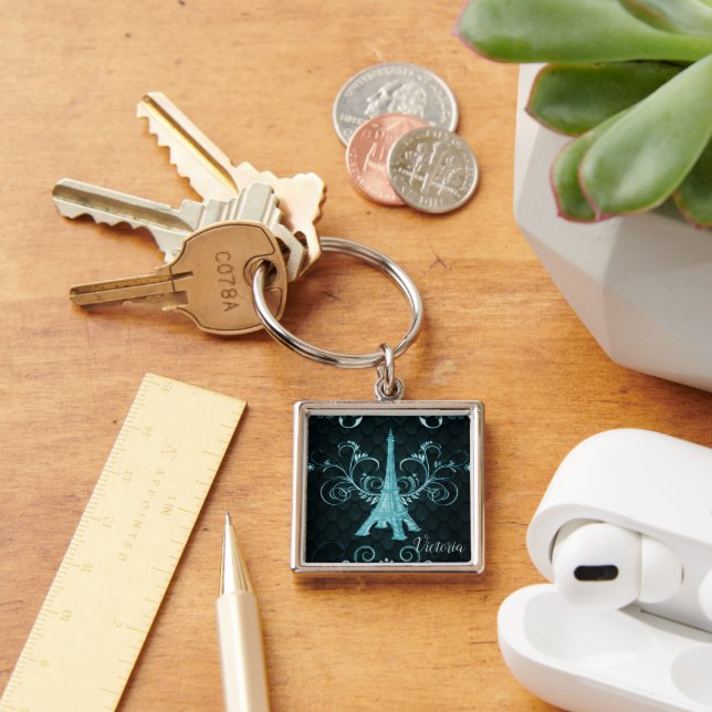 Eiffel Tower Teal Floral Swirls Square Chaveiro (Mesa)