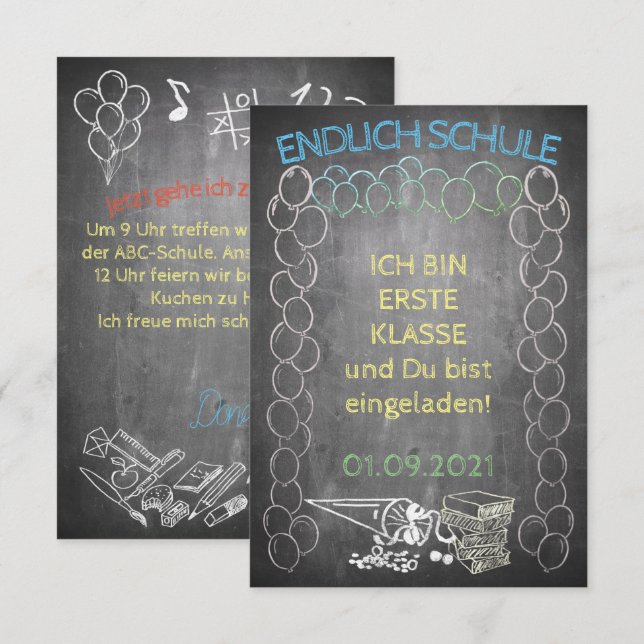 Einladungskarte zur Einschulung im Tafelstil (Frente/Verso)