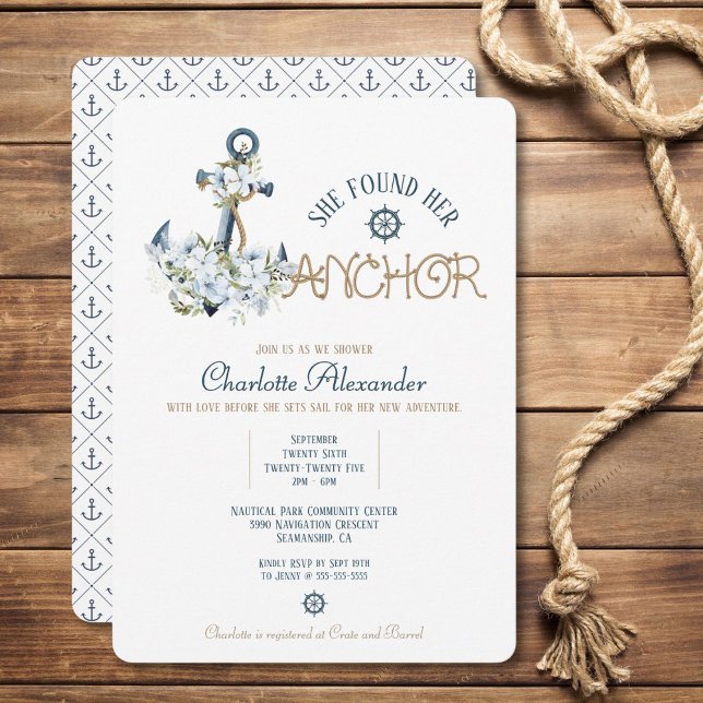 Ela Encontrou Seu Convite De Chá de panela Náutico (Sail into love with this floral anchor bridal shower invitation.)