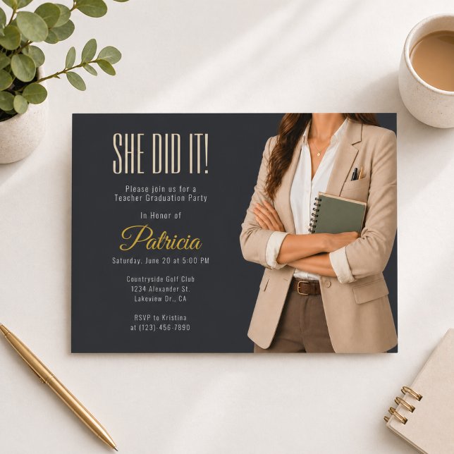 Ela Fez o Convite de Formatura para Professores (Elegant teacher graduation invitation with modern minimalist neutral design)