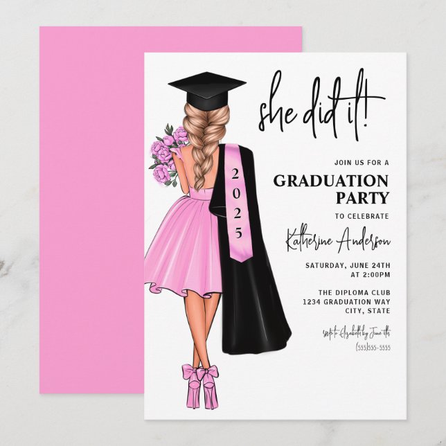 Ela Fez Um Convite De Festa de formatura Rosa (Frente/Verso)