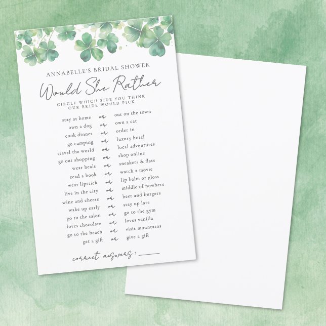 Ela Preferencialmente O Jogo Do Chá de panela Sham (Would She Rather Shamrock Bridal Shower Game)