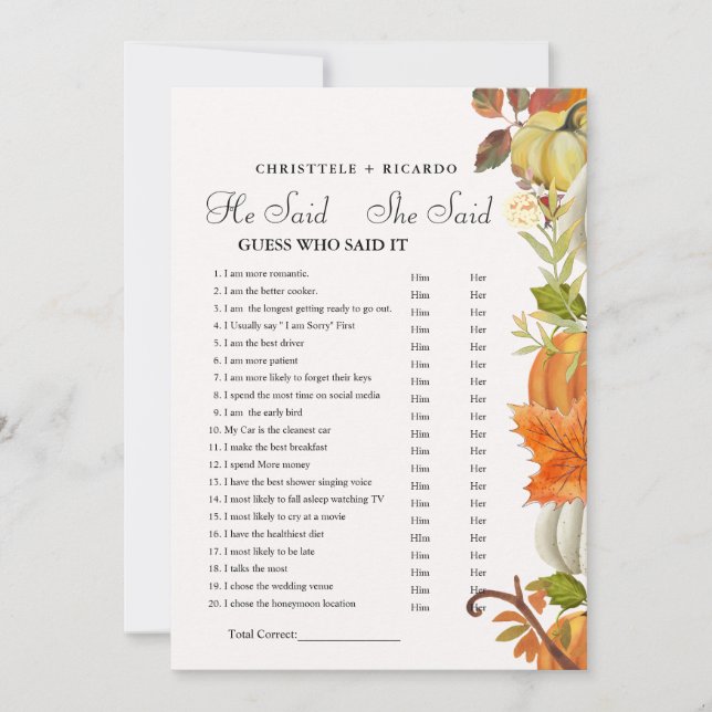 Ele disse que ela disse cartão de Chá de panela (Frente)