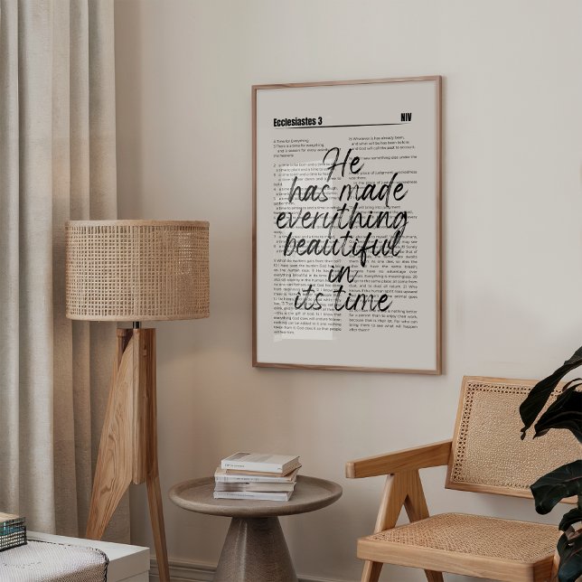 Ele Fez Tudo Bela Impressão (Minimalist Christian wall art featuring Ecclesiastes 3 in elegant black bold typography. )
