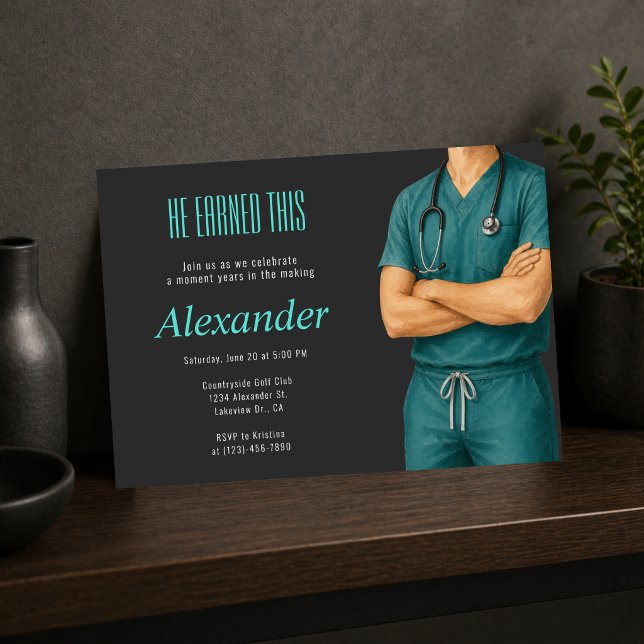Ele Merece Este Convite de Formatura de Doutorado (He earned this doctor graduation invite, modern teal medical celebration design)