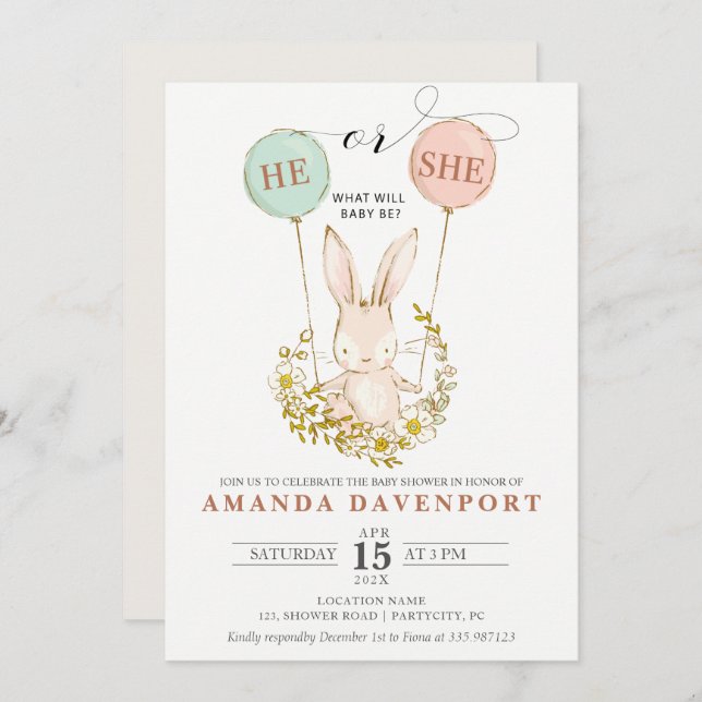 Ele ou Ela Coelhinha Balões revelam Convite (Frente/Verso)