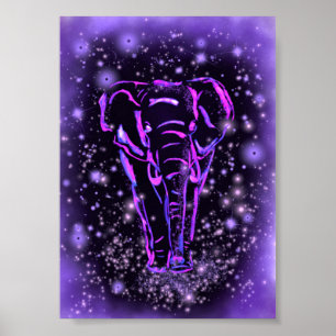 Elefante Andando Poster Púrpura Rosa Noite Estrela
