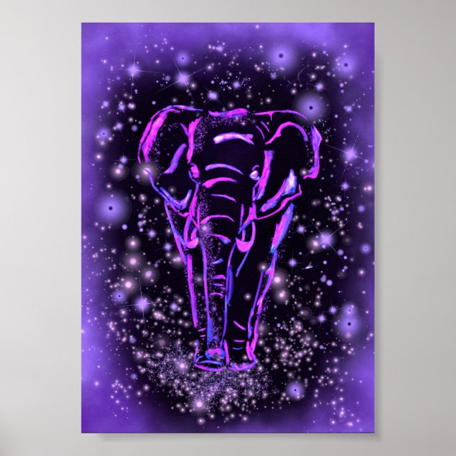 Elefante Andando Poster Starry Night Purple Rosa (Frente)