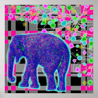Elefante Azul no Poster de Fundo da Xadrez Rosa