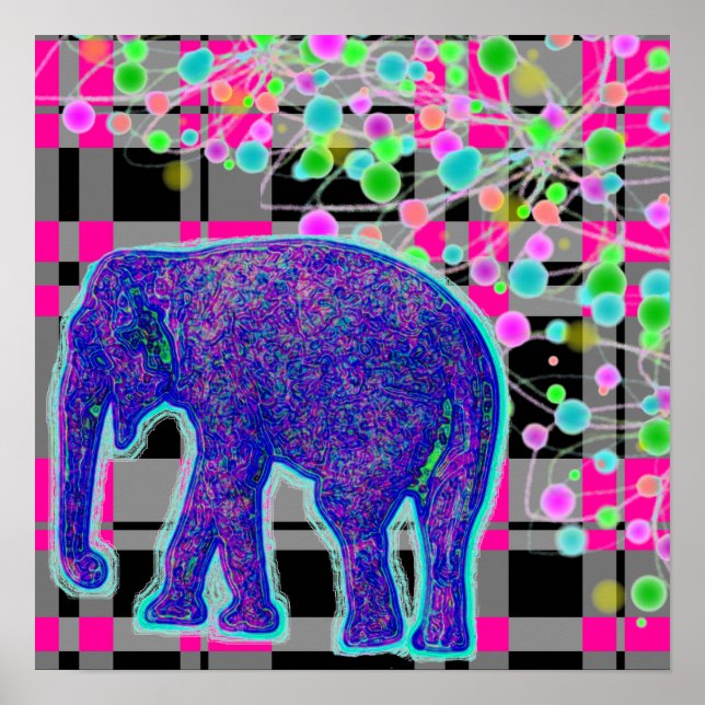 Elefante Azul no Poster de Fundo da Xadrez Rosa (Frente)