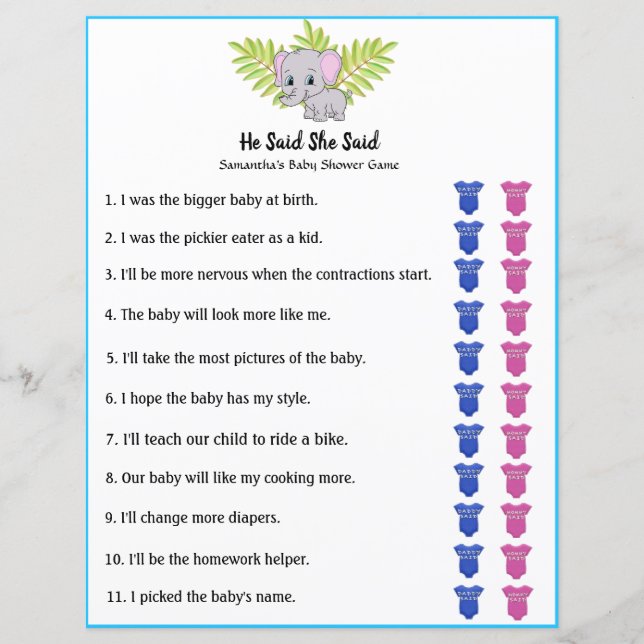 Elefante Chá de fraldas Disse Que Disse Jogo (Frente)