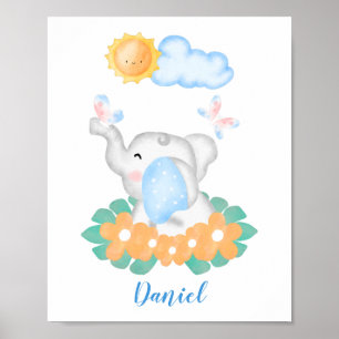 Elefante de Bebê Bonito com poster de flores lara