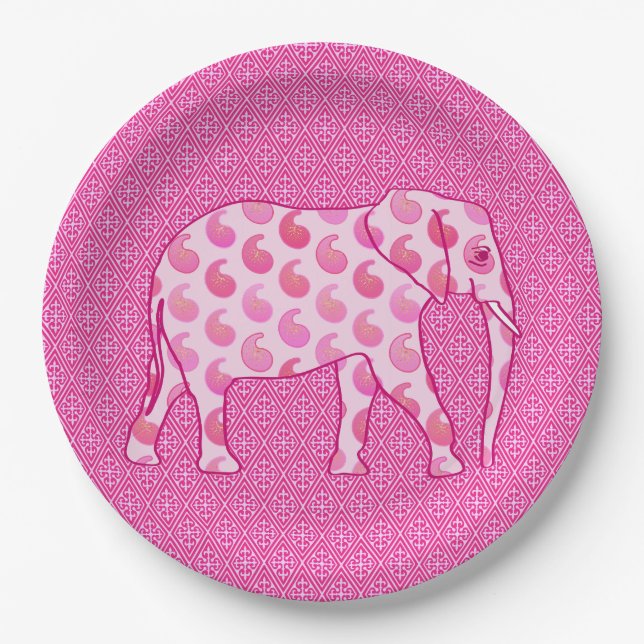 Elefante de Paisley - prato de papel rosa-gelo e f (Frente)