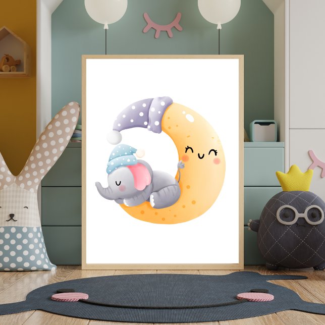 Elefante dormindo na lua Poster (Elephant Sleeping in Moon Nursery Wall Art Decor Poster. Baby shower gift, baby gift)