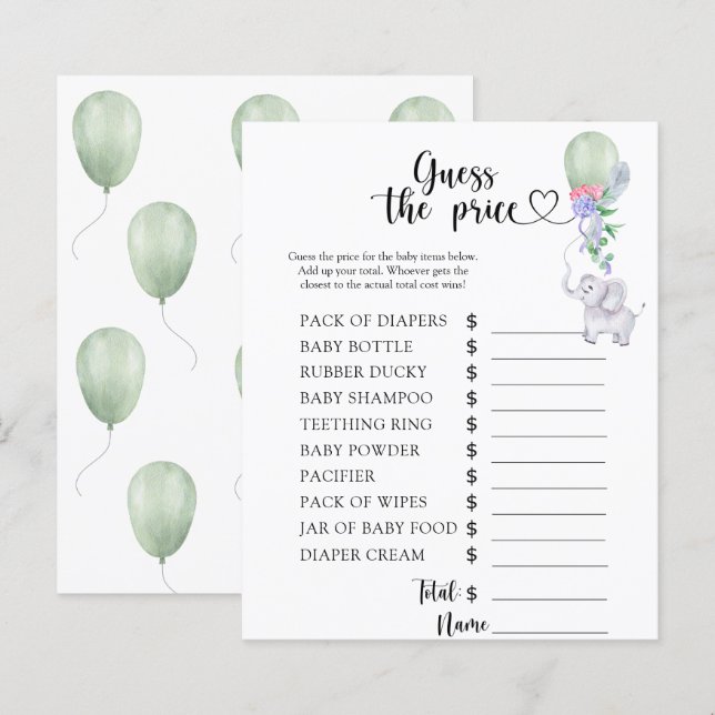 Elefante e Balão - Adivinhem o preço! Jogo (Frente/Verso)