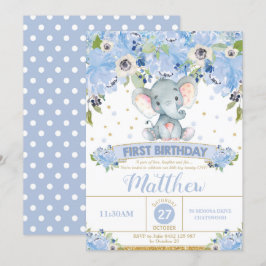 Elefante primeiro aniversario Convite Menino Azul 