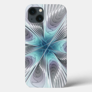 Elegance Modern Blue Cinza White Fractal Art Flowe