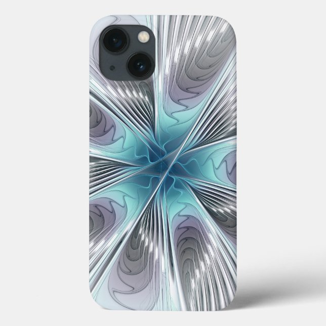 Elegance Modern Blue Cinza White Fractal Art Flowe (Verso)