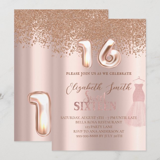 elegância rosa, doce 16 convite (Frente/Verso)