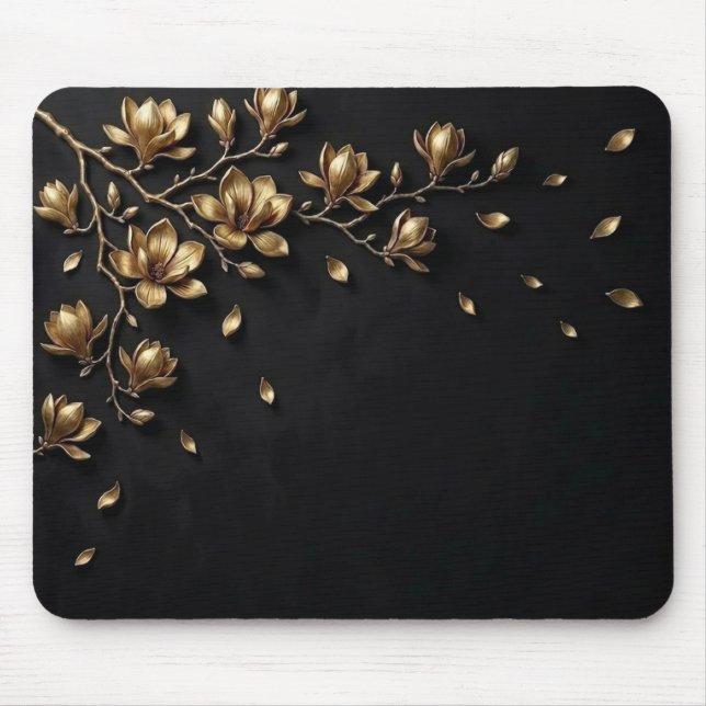 Elegant 3D Gold Flowers on Black Mouse Pad - Luxur (Frente)