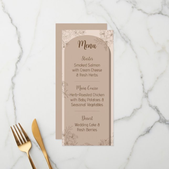Elegant Beige Floral Wedding Menu (Frente/Verso In Situ)