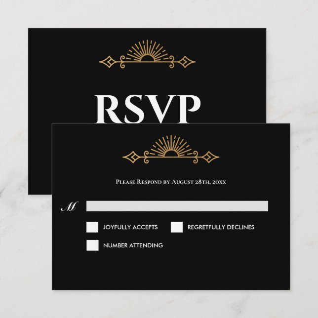 Elegant black and gold Gothic Wedding RSVP Card (Frente/Verso)