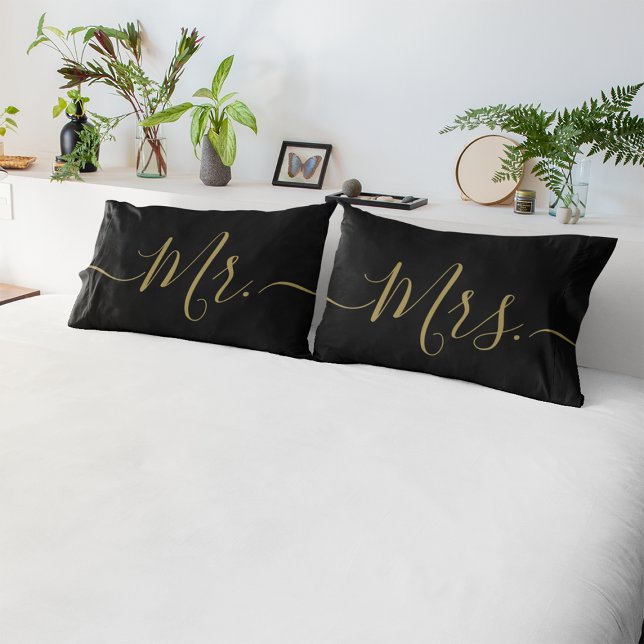 Elegant Black and Gold Mr. Mrs. Script Newlywed (Mr. and Mrs. black gold elegant script newlywed pillow cases.)